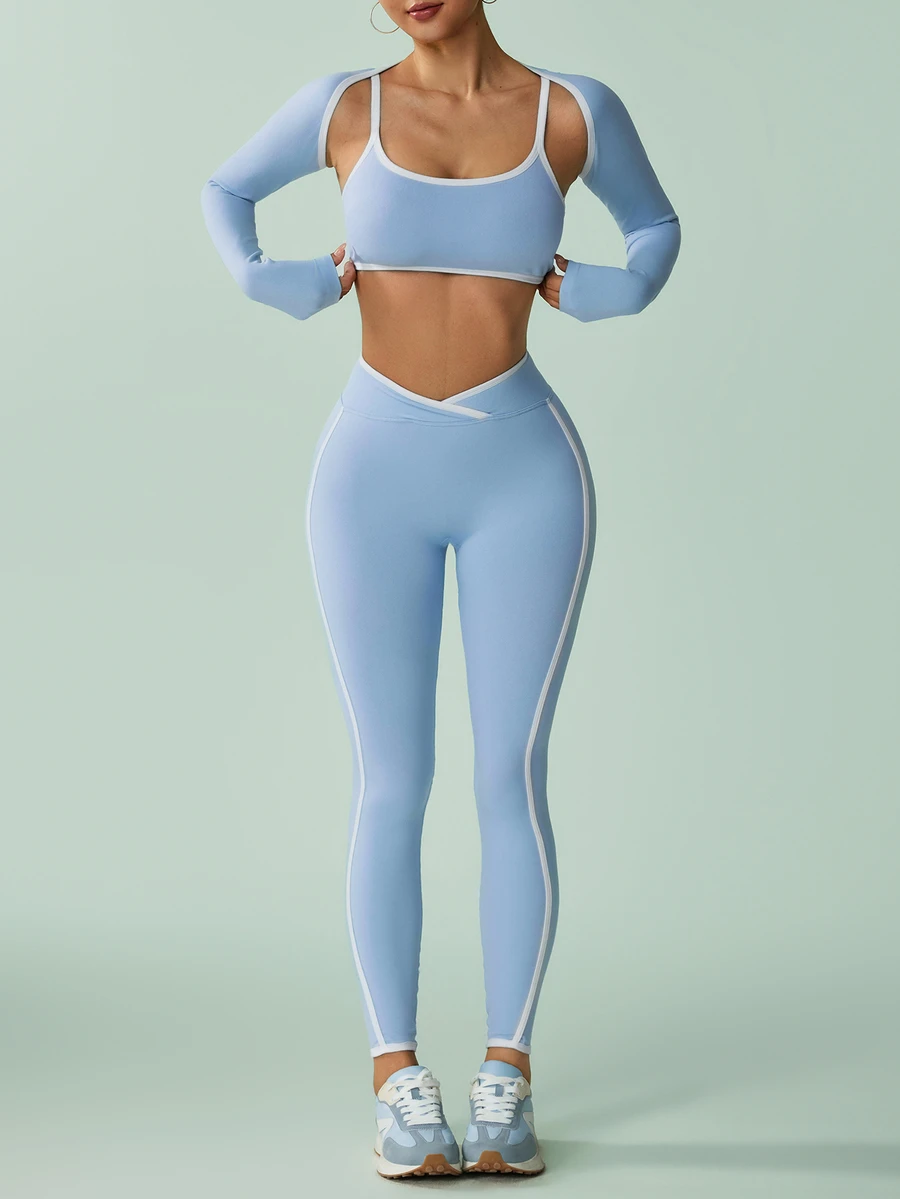 SHEIN Sovereign Charm Seamless Waist-Cinched Colorblock Jacket 3 Pieces Sports Set - Baby Blue - View 1