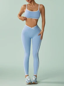 SHEIN Sovereign Charm Seamless Waist-Cinched Colorblock Jacket 3 Pieces Sports Set - Baby Blue - View 4