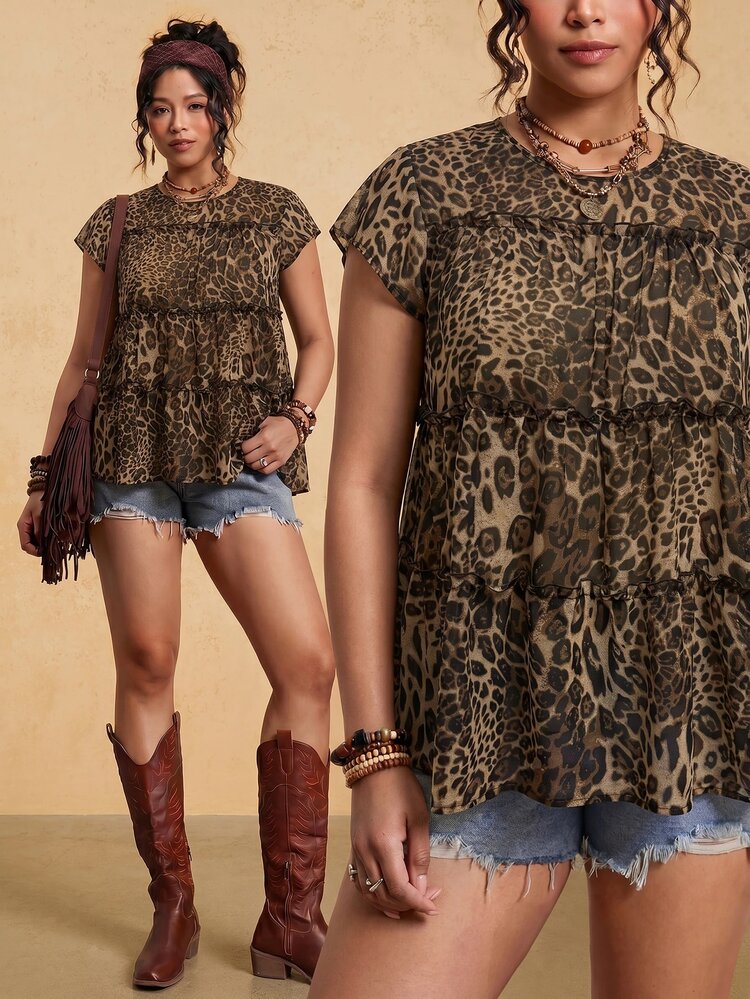 Travachic Plus Size Leopard Print Ruffle Hem Round Neck Short Sleeve Blouse Vacation Bussines Brown Summer Casual Boho - Multicolor - View 4