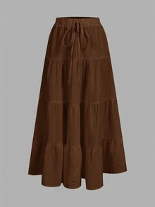 SHEIN EZwear Women's Casual Vacation Multi-Layer Cake Skirt, Suitable For Summer Chic Skirt - Brown - View 1