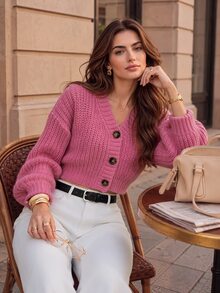 SHEIN LUNE 前扣落肩开衫、长袖上衣 - 粉色 - 查看 3