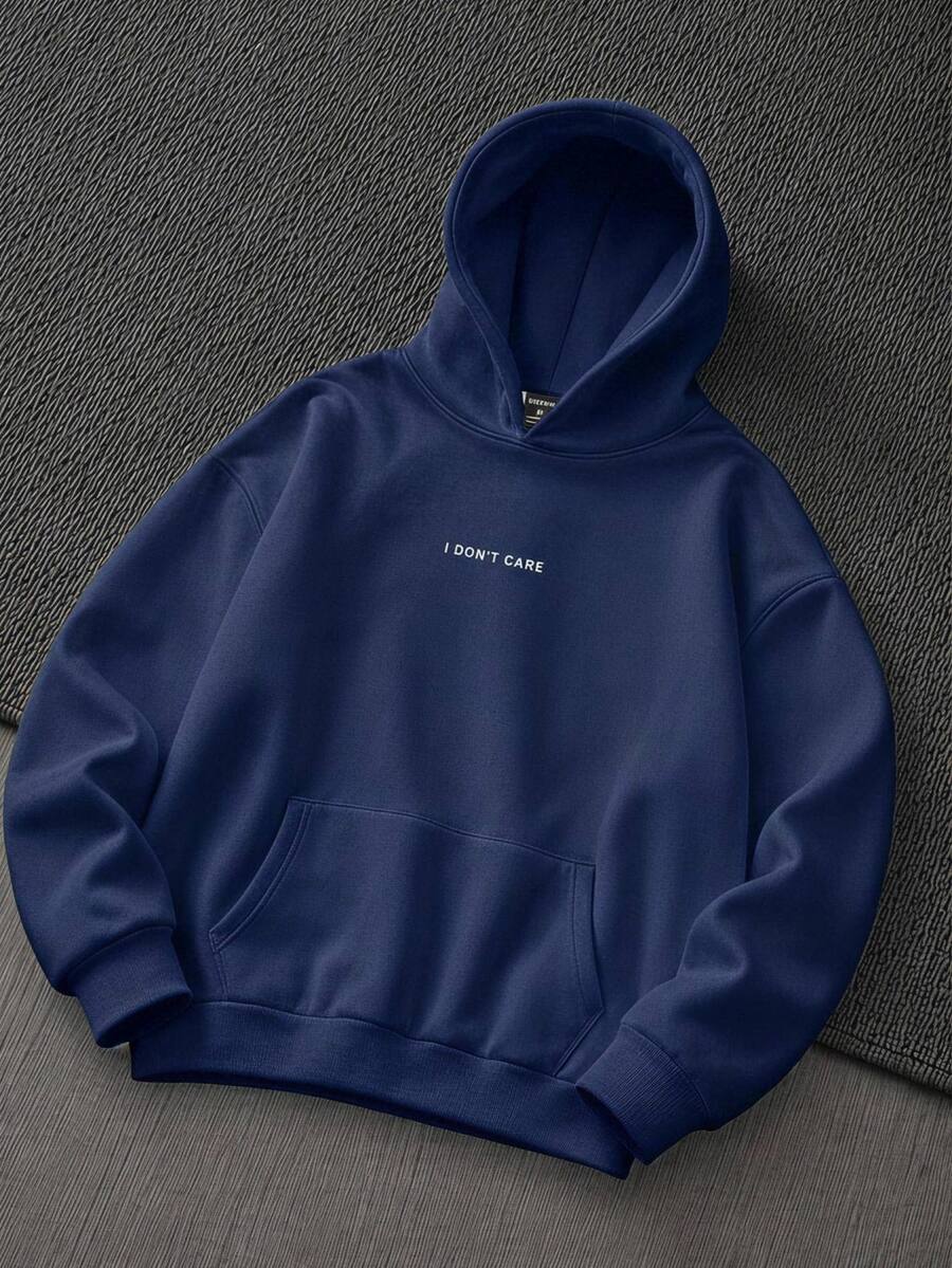 Mainfolk Men's Letter Print Pocket Long Sleeve Hoodie For Winter Warm Fleece Deep Blue Casual Outwear Halloween Winter Party Autumn - Navy Blue - View 1