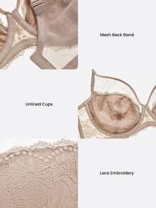 LUVLETTE Soft Women Lingerie Lounge Curve Sheer Full Coverage Support & Breathable Underwire Sexy Unlined Minimizer Lace Elegance & Mesh Nude Bra Bridal - Khaki - View 8