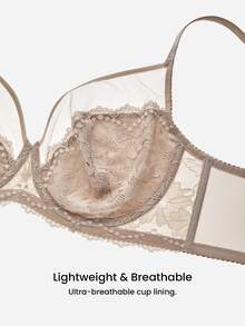 LUVLETTE Soft Women Lingerie Lounge Curve Sheer Full Coverage Support & Breathable Underwire Sexy Unlined Minimizer Lace Elegance & Mesh Nude Bra Bridal - Khaki - View 7