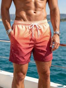 Manfinity Swimmode Men's Gradient Drawstring Casual Beach Shorts , Summer Holiday Vacation Tropical Couple Swim Bathing Suit - Coffee Brown - View 5