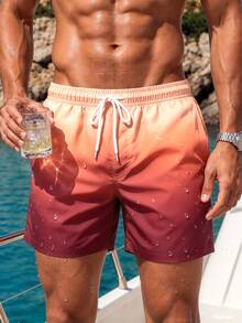 Manfinity Swimmode Men's Gradient Drawstring Casual Beach Shorts , Summer Holiday Vacation Tropical Couple Swim Bathing Suit - Coffee Brown - View 4