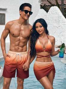 Manfinity Swimmode Men's Gradient Drawstring Casual Beach Shorts , Summer Holiday Vacation Tropical Couple Swim Bathing Suit - Coffee Brown - View 1
