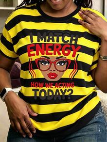 Maweii 女款大尺碼條紋圖案短袖T恤，I Match Energy標語女士臉孔印花圓領寬鬆版型豐滿女款休閒基礎上衣 - 彩色 - 查看 1