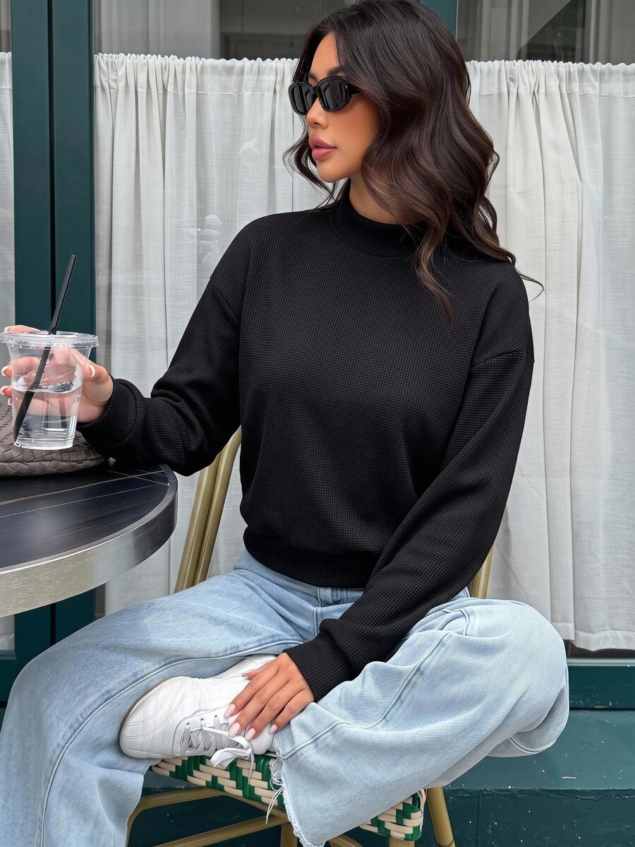 SHEIN BASICS Áo chui đầu vai thả cổ giả, áo dài tay - màu đen - Xem 1
