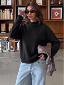 SHEIN BASICS Áo chui đầu vai thả cổ giả, áo dài tay - màu đen - Xem 4