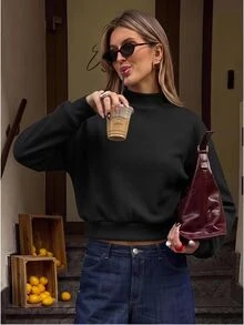 SHEIN BASICS Áo chui đầu vai thả cổ giả, áo dài tay - màu đen - Xem 2