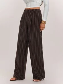 SHEIN Tall Tall-Fit Brown Pleated Wide-Leg Trousers For Muslim Women – Business Casual Style. - Brown - View 5