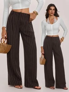SHEIN Tall Tall-Fit Brown Pleated Wide-Leg Trousers For Muslim Women – Business Casual Style. - Brown - View 4