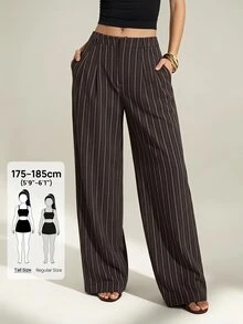 SHEIN Tall Tall-Fit Brown Pleated Wide-Leg Trousers For Muslim Women – Business Casual Style. - Brown - View 1