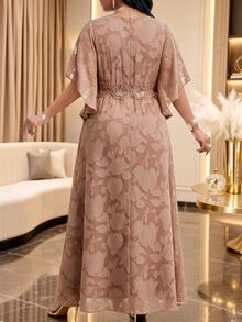 Fleurora Plus Size Women's V-Neck Applique Pleated Casual Elegant Glamour Party Dinner Evening Formal Dress Wedding Cream Summer - Khaki - View 3