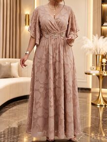Fleurora Plus Size Women's V-Neck Applique Pleated Casual Elegant Glamour Party Dinner Evening Formal Dress Wedding Cream Summer - Khaki - View 4