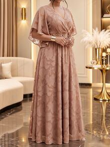 Fleurora Plus Size Women's V-Neck Applique Pleated Casual Elegant Glamour Party Dinner Evening Formal Dress Wedding Cream Summer - Khaki - View 5