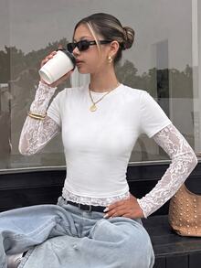 SHEIN Teen Girl T-Shirt Early Summer White Knitted Waist-Cinching Design Contrast Lace 2 In 1 T-Shirt, Suitable For Daily, Back-To-School, White Top - White - View 7