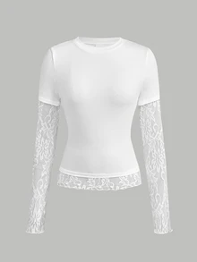 SHEIN Teen Girl T-Shirt Early Summer White Knitted Waist-Cinching Design Contrast Lace 2 In 1 T-Shirt, Suitable For Daily, Back-To-School, White Top - White - View 3