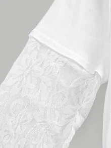 SHEIN Teen Girl T-Shirt Early Summer White Knitted Waist-Cinching Design Contrast Lace 2 In 1 T-Shirt, Suitable For Daily, Back-To-School, White Top - White - View 5