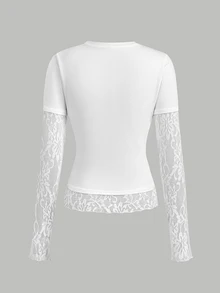 SHEIN Teen Girl T-Shirt Early Summer White Knitted Waist-Cinching Design Contrast Lace 2 In 1 T-Shirt, Suitable For Daily, Back-To-School, White Top - White - View 2