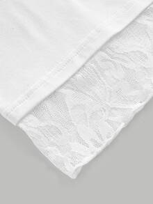 SHEIN Teen Girl T-Shirt Early Summer White Knitted Waist-Cinching Design Contrast Lace 2 In 1 T-Shirt, Suitable For Daily, Back-To-School, White Top - White - View 6