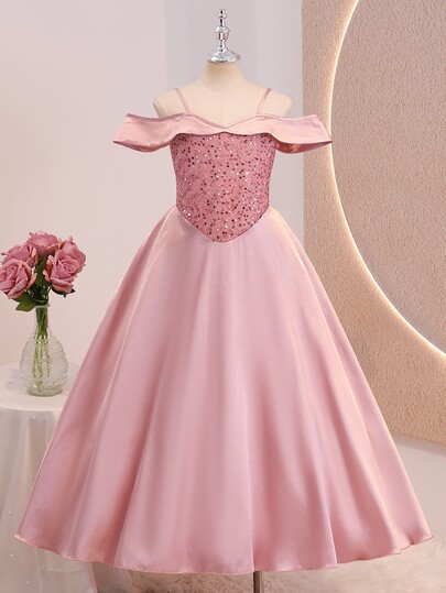 SHEIN Christmas Party Dress Girls' Dusty Mauve Formal Dress, Off-Shoulder Mesh Full Skirt Elegant
