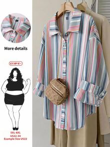 SHEIN CURVE+ Plus Size Women's Spring Fashion Casual Loose Comfortable Everyday Basic Slim Fit Brown Striped Plus Size Blouse Shirt Work Top Minimalist Style - Multicolor - View 6