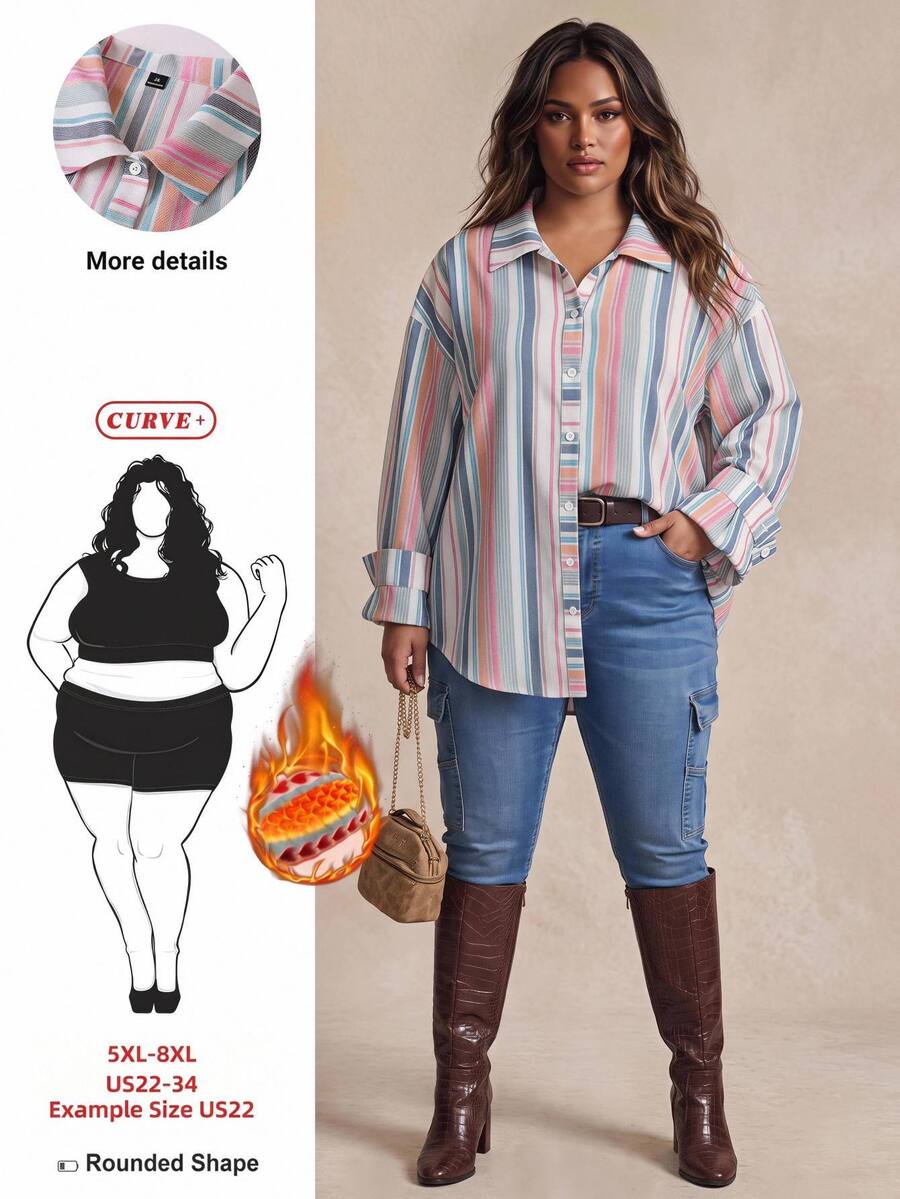 SHEIN CURVE+ Plus Size Women's Spring Fashion Casual Loose Comfortable Everyday Basic Slim Fit Brown Striped Plus Size Blouse Shirt Work Top Minimalist Style - Multicolor - View 1