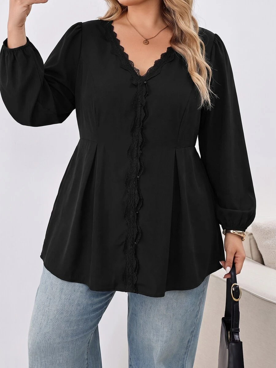 SHEIN CURVE+ Women's Plus Size Blouse 22W, Fashion Lace Long Sleeve Shirt Autumn/Winter Fall - Black - View 1