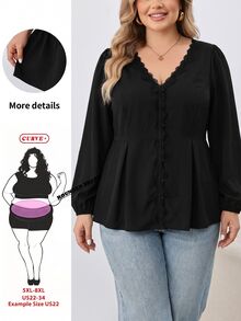 SHEIN CURVE+ Women's Plus Size Blouse 22W, Fashion Lace Long Sleeve Shirt Autumn/Winter Fall - Black - View 6