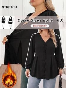 SHEIN CURVE+ Women's Plus Size Blouse 22W, Fashion Lace Long Sleeve Shirt Autumn/Winter Fall - Black - View 5