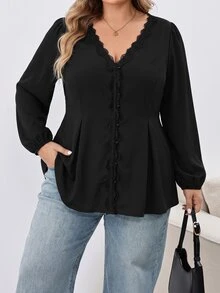 SHEIN CURVE+ Women's Plus Size Blouse 22W, Fashion Lace Long Sleeve Shirt Autumn/Winter Fall - Black - View 3