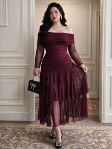 Vibekara Plus Size Cold Shoulder Long Sleeve Asymmetrical Three-Layer Hem Party Formal Cocktail Dress Wedding Burgundy Fall Elegant Christmas - Burgundy - View 3
