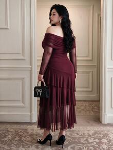 Vibekara Plus Size Cold Shoulder Long Sleeve Asymmetrical Three-Layer Hem Party Formal Cocktail Dress Wedding Burgundy Fall Elegant Christmas - Burgundy - View 2