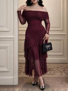 Vibekara Plus Size Cold Shoulder Long Sleeve Asymmetrical Three-Layer Hem Party Formal Cocktail Dress Wedding Burgundy Fall Elegant Christmas - Burgundy - View 4