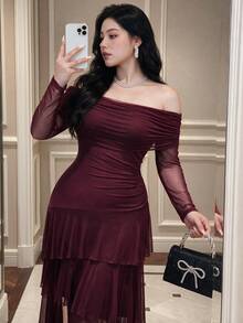 Vibekara Plus Size Cold Shoulder Long Sleeve Asymmetrical Three-Layer Hem Party Formal Cocktail Dress Wedding Burgundy Fall Elegant Christmas - Burgundy - View 7