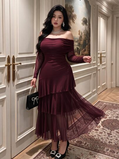 Vibekara Plus Size Cold Shoulder Long Sleeve Asymmetrical Three-Layer Hem Party Formal Cocktail Dress Wedding Burgundy Fall Elegant Christmas
