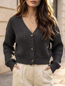 Balvessa Women's Solid Color V-Neck Casual Daily Cardigan - Dark Grey - View 3