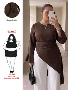 SHEIN CURVE+ 2026 Autumn Plus Size Pullover: Round Neck, Flared Long Sleeves, Ruched Waist, Asymmetrical Hem, French Elegant 1950s/1920s Style, Suitable For Evening Parties, Wedding Guests And Casual Occasions, Brown - Brown - View 1