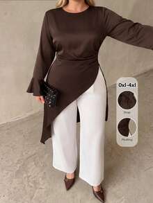 SHEIN CURVE+ 2026 Autumn Plus Size Pullover: Round Neck, Flared Long Sleeves, Ruched Waist, Asymmetrical Hem, French Elegant 1950s/1920s Style, Suitable For Evening Parties, Wedding Guests And Casual Occasions, Brown - Brown - View 4