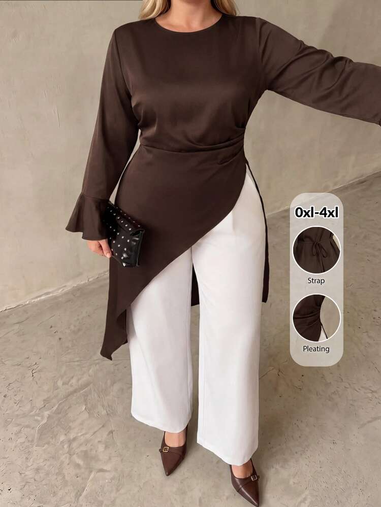 SHEIN CURVE+ 2026秋季大尺碼套頭衫：圓領、喇叭長袖、抽褶腰部、不對稱下擺，法式優雅1950s/1920s風格，適合晚宴、婚禮賓客及休閒場合，棕色 - 棕色 - 查看 4