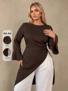 SHEIN CURVE+ 2026 Autumn Plus Size Pullover: Round Neck, Flared Long Sleeves, Ruched Waist, Asymmetrical Hem, French Elegant 1950s/1920s Style, Suitable For Evening Parties, Wedding Guests And Casual Occasions, Brown - Brown - View 5