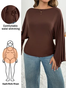 Shapeblank Áo thun tay dài màu nâu size lớn cho nữ, phong cách, thanh lịch thường ngày, co giãn, thoải mái, tôn dáng eo (Thu/Đông), mùa thu, áo mặc đi brunch và văn phòng - màu nâu - Xem 2