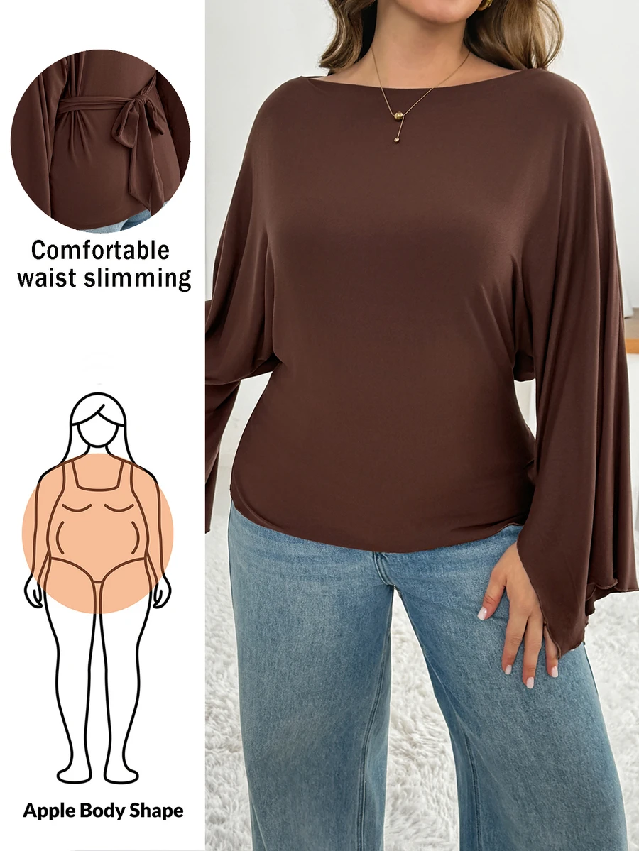 Shapeblank Áo thun tay dài màu nâu size lớn cho nữ, phong cách, thanh lịch thường ngày, co giãn, thoải mái, tôn dáng eo (Thu/Đông), mùa thu, áo mặc đi brunch và văn phòng