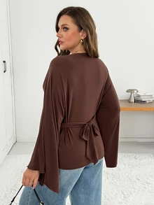 Shapeblank Áo thun tay dài màu nâu size lớn cho nữ, phong cách, thanh lịch thường ngày, co giãn, thoải mái, tôn dáng eo (Thu/Đông), mùa thu, áo mặc đi brunch và văn phòng - màu nâu - Xem 3