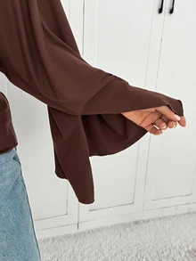 Shapeblank Áo thun tay dài màu nâu size lớn cho nữ, phong cách, thanh lịch thường ngày, co giãn, thoải mái, tôn dáng eo (Thu/Đông), mùa thu, áo mặc đi brunch và văn phòng - màu nâu - Xem 7