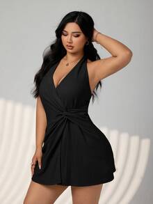 SHEIN ICON 大尺碼綠色秋季度假掛脖露背扭結前V領洋裝，收腰A字版型畢業禮 & 開學穿搭，女款婚禮賓客禮服 - 黑色 - 查看 5