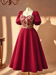 Rometta Plus Size Vintage Celestial Romantic Elegant Square Neck Short Sleeve Summer Dress Dinner Formal Parties Women's Red - Burgundy - View 10