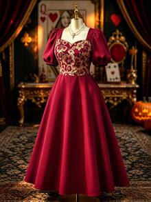 Rometta Plus Size Vintage Celestial Romantic Elegant Square Neck Short Sleeve Summer Dress Dinner Formal Parties Women's Red - Burgundy - View 7